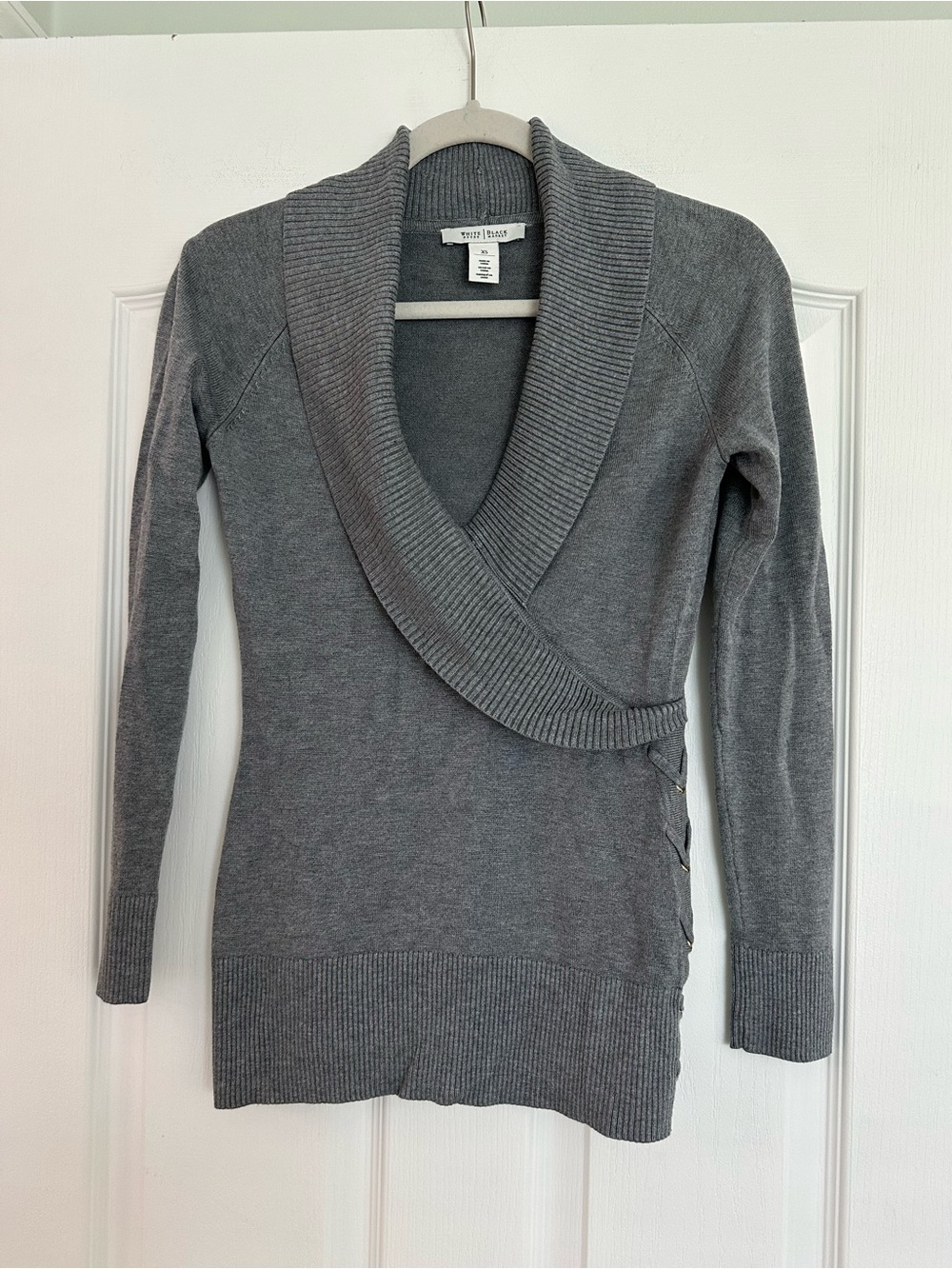 White House Black Market Gray Crossover Shawl-Collar Sweater